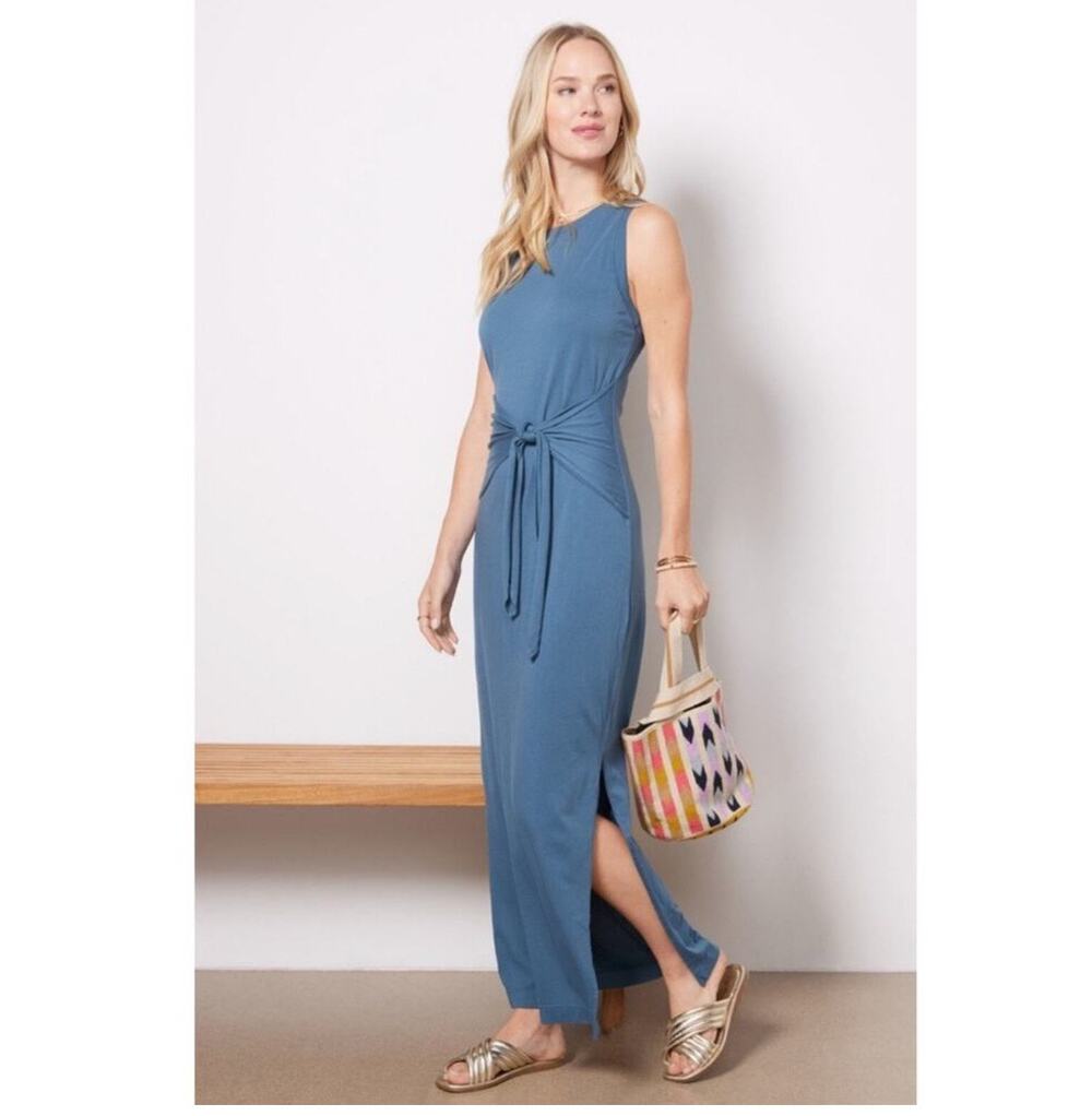 Michael Stars Solange Dress Size Small NEW Tie Waist Maxi Pebble Blue NWOT